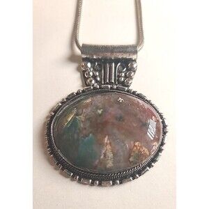 Vintage 24" Silvertone Framed Agate Stone  Pendant W/ Snake Link Chain Necklace